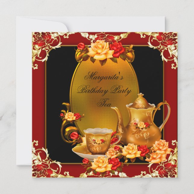 Elegant födelsedagsfest Vintage Tea Red Guld Ro Inbjudningar (Framsida)