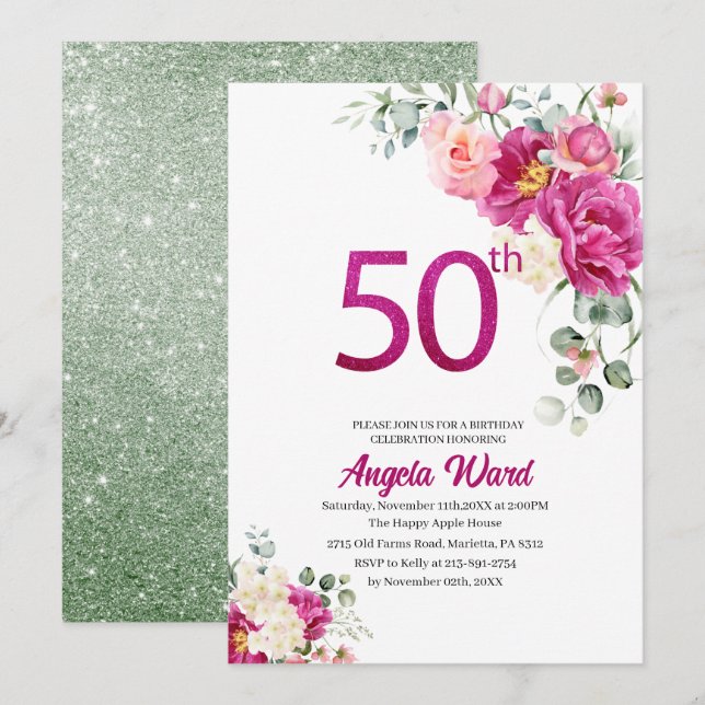 Elegant födelsedagsfirande  blomglitter 50-årsdag inbjudningar (Fram/baksida)