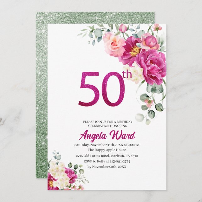Elegant födelsedagsfirande  blommig glitter 50-års inbjudningar (Fram/baksida)