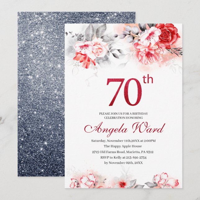 Elegant födelsedagsfirande  blommig glitter 70-års inbjudningar (Fram/baksida)