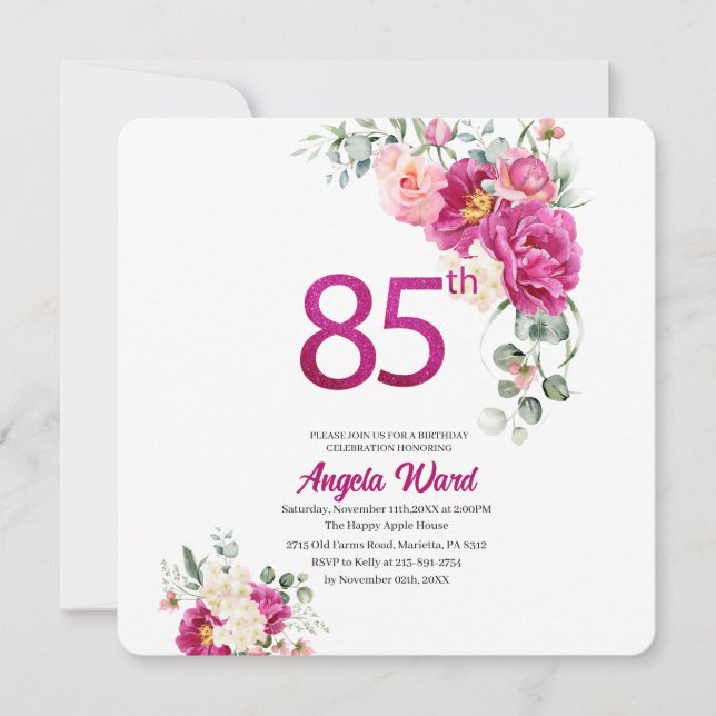 Elegant födelsedagsfirande  blommig glitter 85:e  inbjudningar (Framsida)