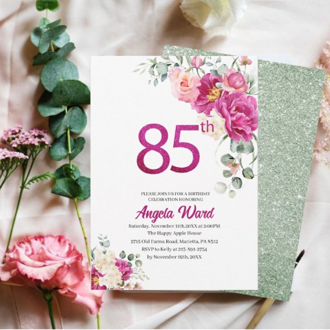 Elegant födelsedagsfirande  blommig glitter 85:e  inbjudningar (Skapare uppladdad)