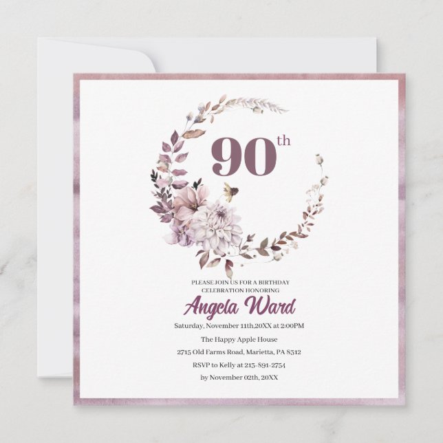 Elegant födelsedagsfirande  blommig glitter 90-års inbjudningar (Framsida)