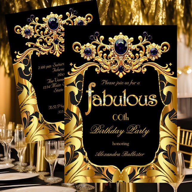 Elegant Födelsedagsfirande Silke Guld Svart Damask Inbjudningar (Skapare uppladdad)