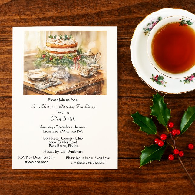 Elegant födelsedagsfirande tehus inbjudan (Christmas birthday tea party invitation template )