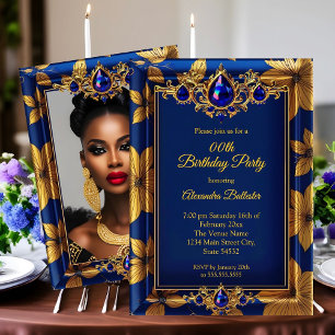 Elegant Födelsedagsfoto Blå Guld Juveler Damask Inbjudningar
