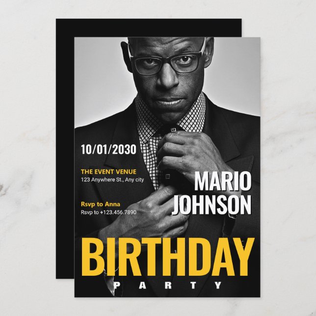 Elegant födelsedagsfoto för magasinets omslag inbjudningar (Fram/baksida)