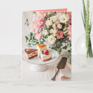 Elegant födelsedagstårta och blomsterbukett kort