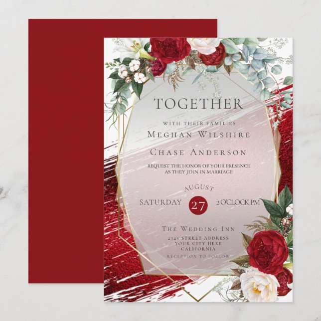 Elegant Fold Crimson Blommigt Foil Paint Stroke Inbjudningar (Fram/baksida)