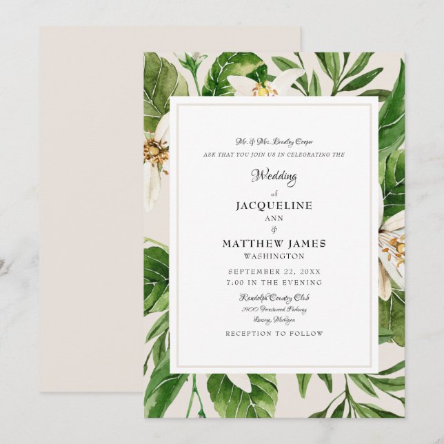 Elegant Foliage Bride Parents Cream Bröllop Matte Inbjudningar (Fram/baksida)