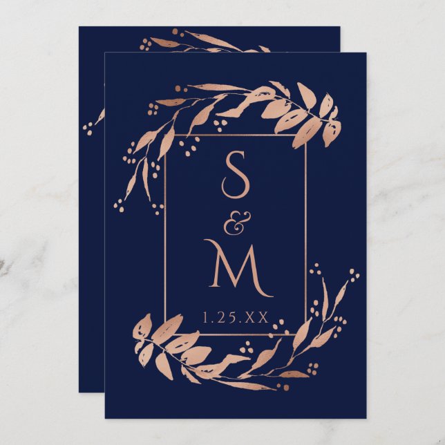 Elegant Foliage Bröllop, Blåblått Ro Guld Inbjudningar (Fram/baksida)