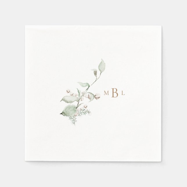 Elegant Foliage & Cotton Monogram Bröllop Cocktail Pappersservett (Framsidan)