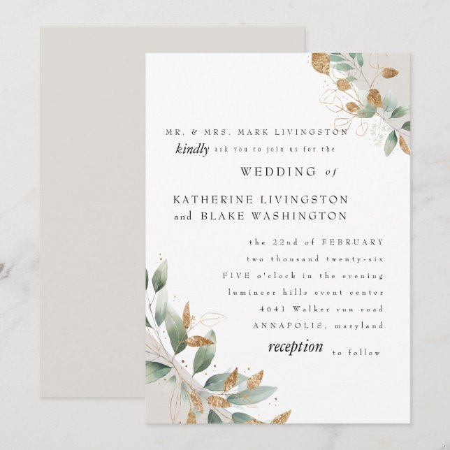 Elegant Foliage Cream Bride Parents Bröllop Matte Inbjudningar (Fram/baksida)