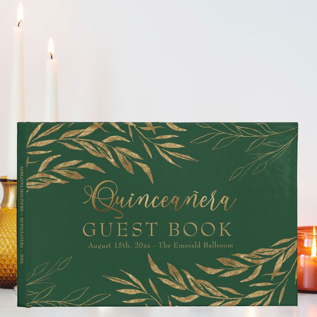 Elegant Foliage Grönt och Guld Quinceanera Gästböcker (Elegant Quinceanera Guest Book in emerald green from my Gold Leaf Collection)