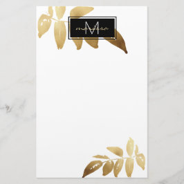 Elegant Foliage Guld Black White Monogram Brevpapper