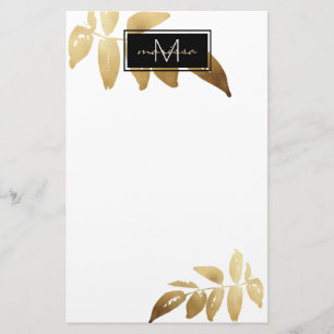 Elegant Foliage Guld Black White Monogram Brevpapper
