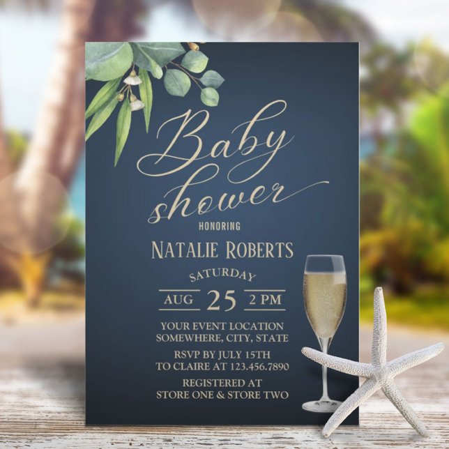 Elegant Foliage Guld Typography Navy Baby Shower Inbjudningar (Skapare uppladdad)
