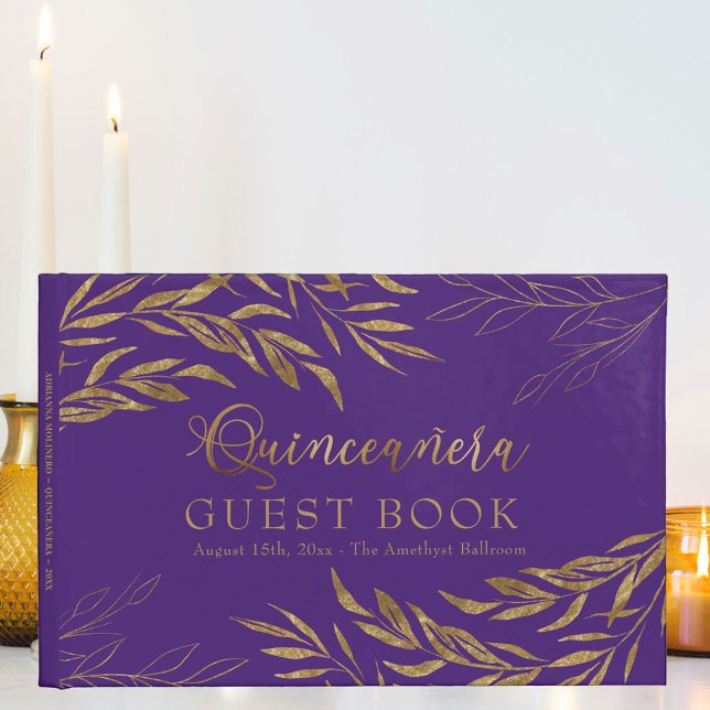 Elegant Foliage Lila och Guld Quinceanera Gästböcker (Quinceanera guest book signature book, in purple, from my Gold Leaf Collection
)