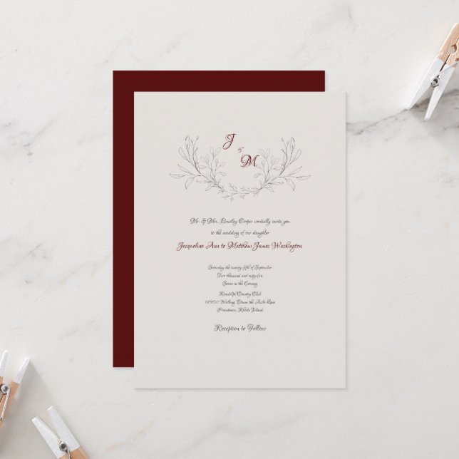 Elegant Foliage Maroon & Cream Inbjudningar (Fram/Back In Situ)