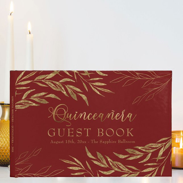 Elegant Foliage Red och Guld Quinceanera Gästböcker (Quinceanera signature book in red and gold, from my Gold Leaf Collection
)