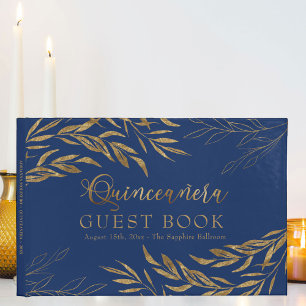 Elegant Foliage Royal Blue och Guld Quinceanera Gästböcker