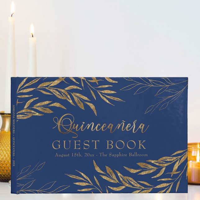 Elegant Foliage Royal Blue och Guld Quinceanera Gästböcker (Quinceanera signature book in blue, from my Gold Leaf Collection)