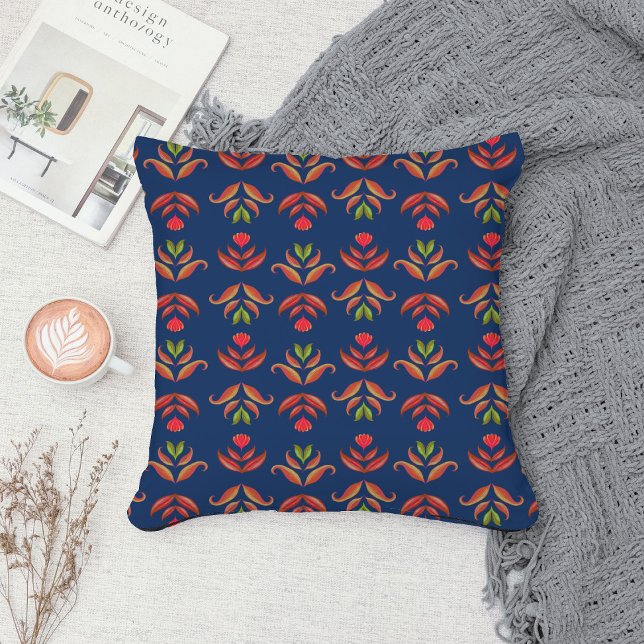Elegant Folk Art Blommigt Rustic & Söt Navy Blue Kudde (Skapare uppladdad)