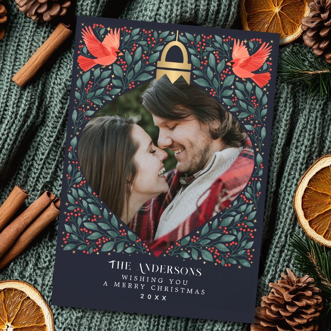 Elegant Folk Art Kardinal Julfoliage Foto Julkort (Skapare uppladdad)