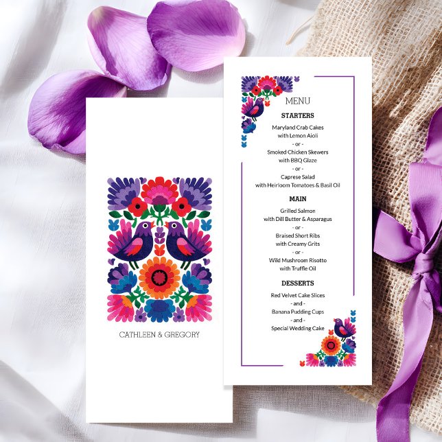 Elegant Folk Bröllopsmönster med Fåglar och Blommo Meny (Elegant Folk Birds and Flowers Pattern Wedding Menu)