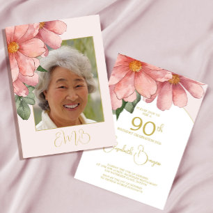 Elegant för 90:e födelsedag FotoRosa Blommigt föd Inbjudningar