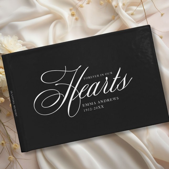 Elegant " För alltid i våra hjärtan " Funeral" Gästböcker (Elegant, Minimalist, Script Font "Forever in our hearts" celebration of life, funeral guest book.)