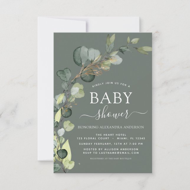 Elegant för babystölder i Greenery Eucalyptus Succ Inbjudningar (Framsida)