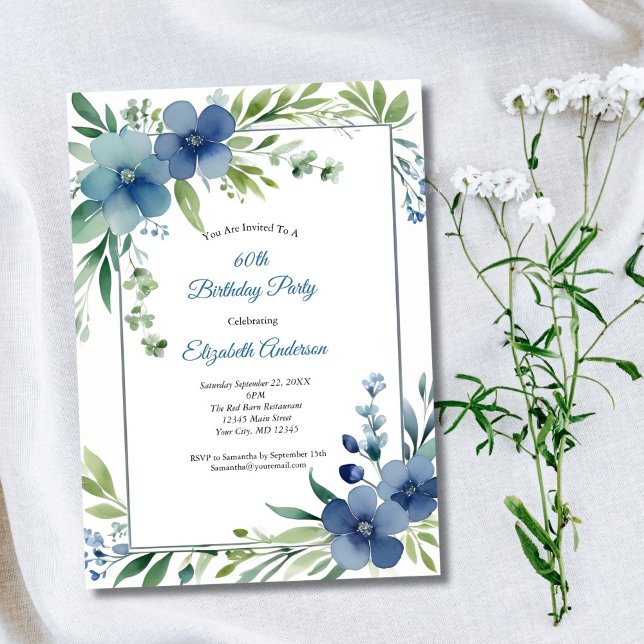 Elegant för blå vattenfärg, Blommigt 60:e födelsed Inbjudningar (Blue and Green Watercolor Floral 60th Birthday invitation)