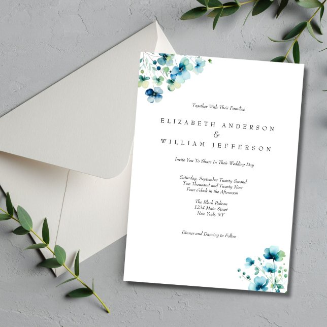 Elegant för blå vattenfärg, Blommigt  Formell Bröl Inbjudningar (Blue Floral Watercolor Elegant Formal Wedding inviation)
