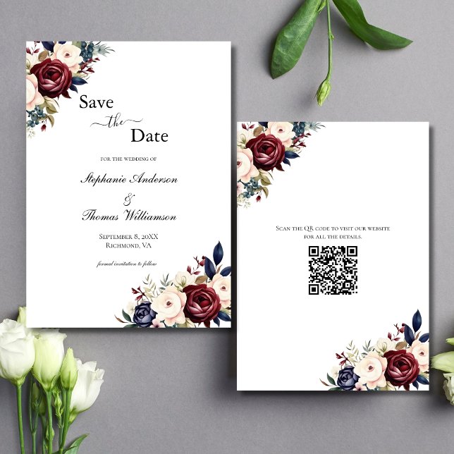 Elegant för Blommigt av burgundisk marin Cream Mod Spara Datumet (Burgundy, Navy Blue, Cream Floral Watercolor QR code Wedding Save the Date Cards)