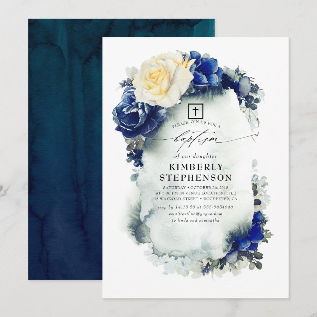 Elegant för Blommigt av marin blått och Gult Inbjudningar (Fram/baksida)