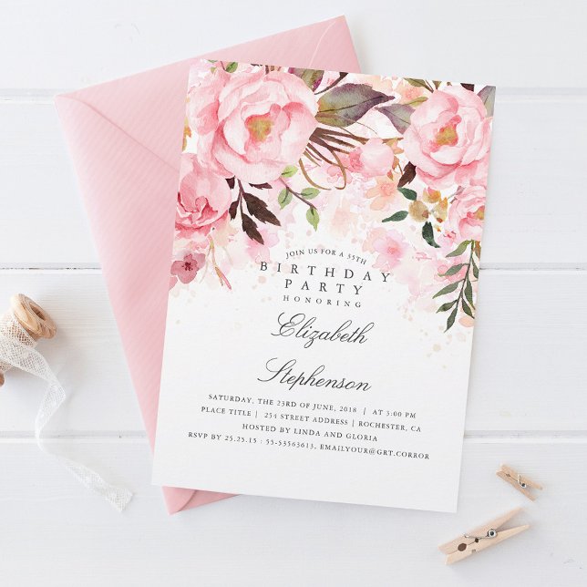 Elegant för Blommigt av rosa och modern Födelsedag Inbjudningar (Skapare uppladdad)