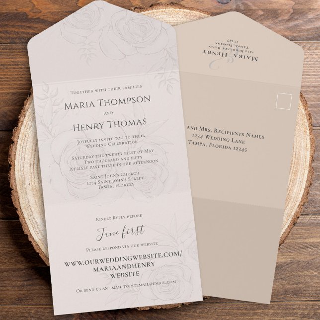 Elegant för blommigt  enkel gäst som är adresserad (Blush floral All in One Wedding Invitation.)