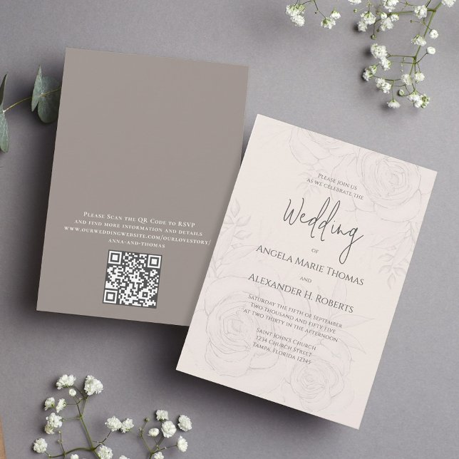 Elegant för  Blommigt enkel | QR-kod Inbjudningar (Elegant blush floral wedding invitation with elegant calligraphy script. with QR Code. )