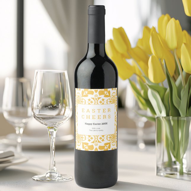 Elegant för Blommönster i Glad påsk Gult Modern Vinflaska Etikett (Happy Easter Yellow Floral Pattern Elegant Modern Wine Label)