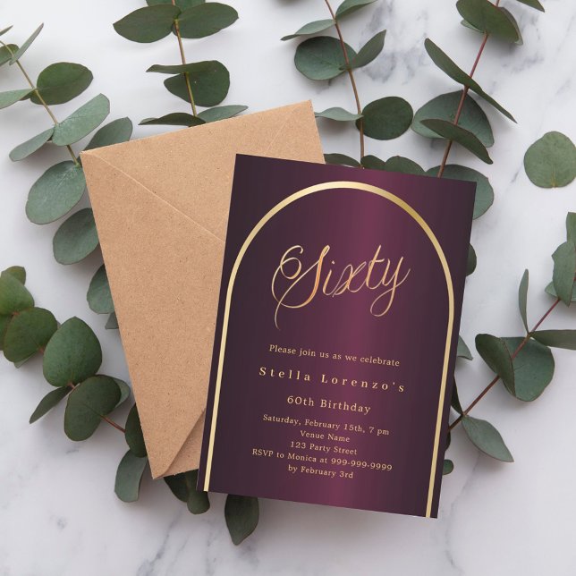 elegant för burgundskript i guld vid 60 års ålder inbjudningar (Skapare uppladdad)
