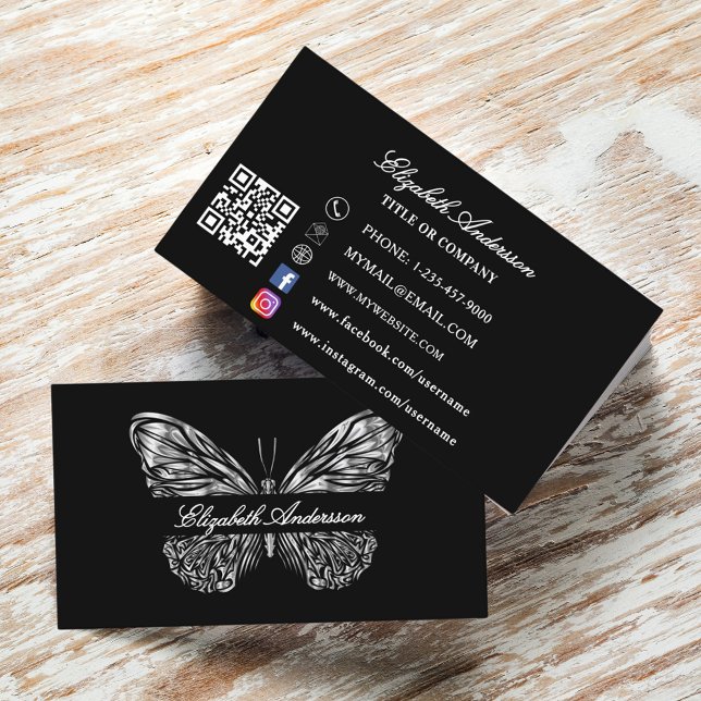 Elegant för Butterfly Black silver QR-kod Visitkort (Skapare uppladdad)