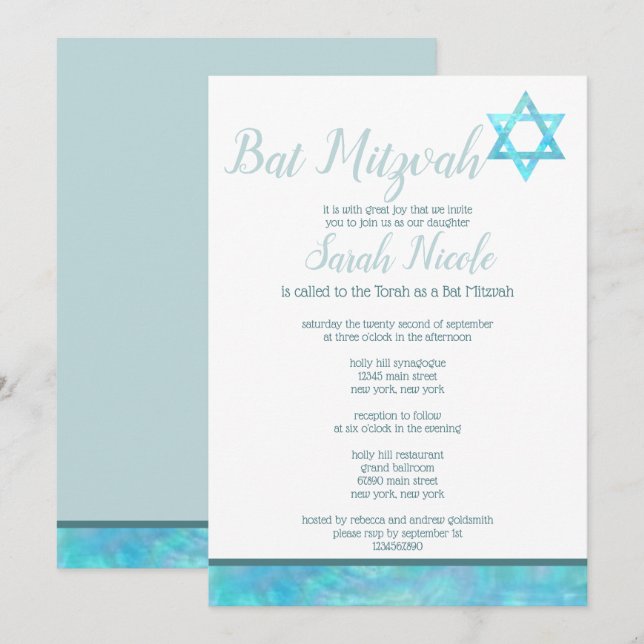 Elegant för Chic av bat mitzvah blå opal vattenfär Inbjudningar (Fram/baksida)