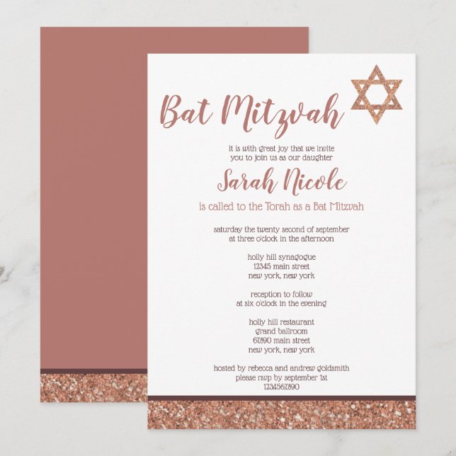 Elegant för Chicen bat mitzvah Ro Guld Faux Glitte Inbjudningar (Fram/baksida)