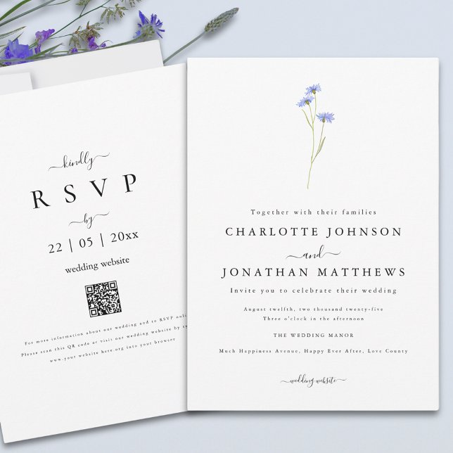 Elegant för enkel Wildblomma, skript QR-kod Bröllo Inbjudningar (Minimalist wildflower elegant boho wedding qr code invitation )