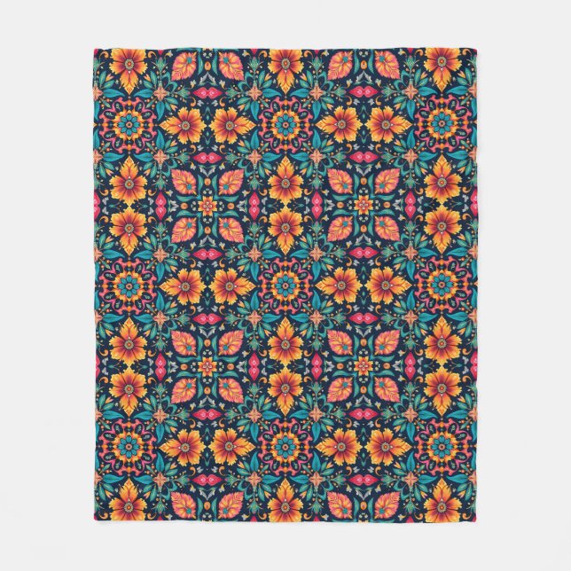 Elegant för färgstarkt Boho-Blommönster  Symmetry Fleecefilt (Framsidan)