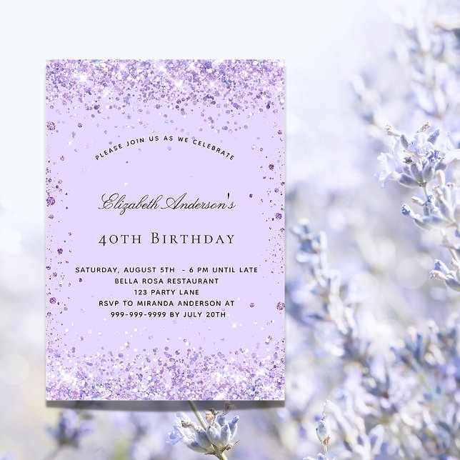 Elegant för födelsedagsaviolett lavender glitter-s inbjudningar (Skapare uppladdad)