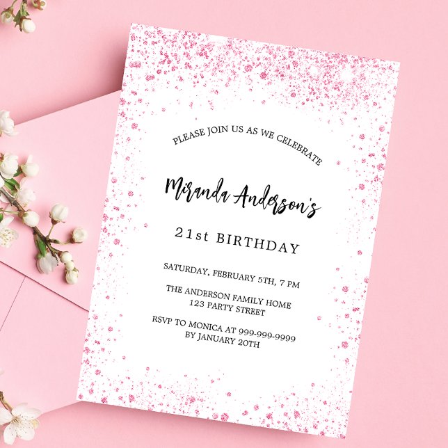 Elegant för födelsedagsvita rosa glitter-miniatyrd inbjudan vykort (Skapare uppladdad)