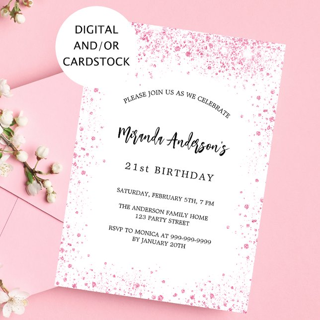 Elegant för födelsedagsvita rosa glitter-miniatyrd inbjudningar (Skapare uppladdad)