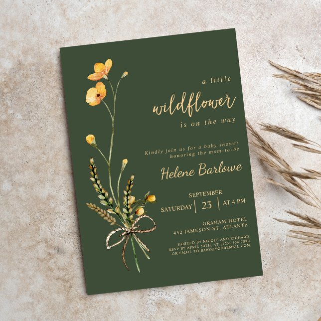 Elegant för  för Grönt av vildblommans vattenfärg, Inbjudningar (Wildflower Watercolor Green Elegant Baby Shower Invitation)